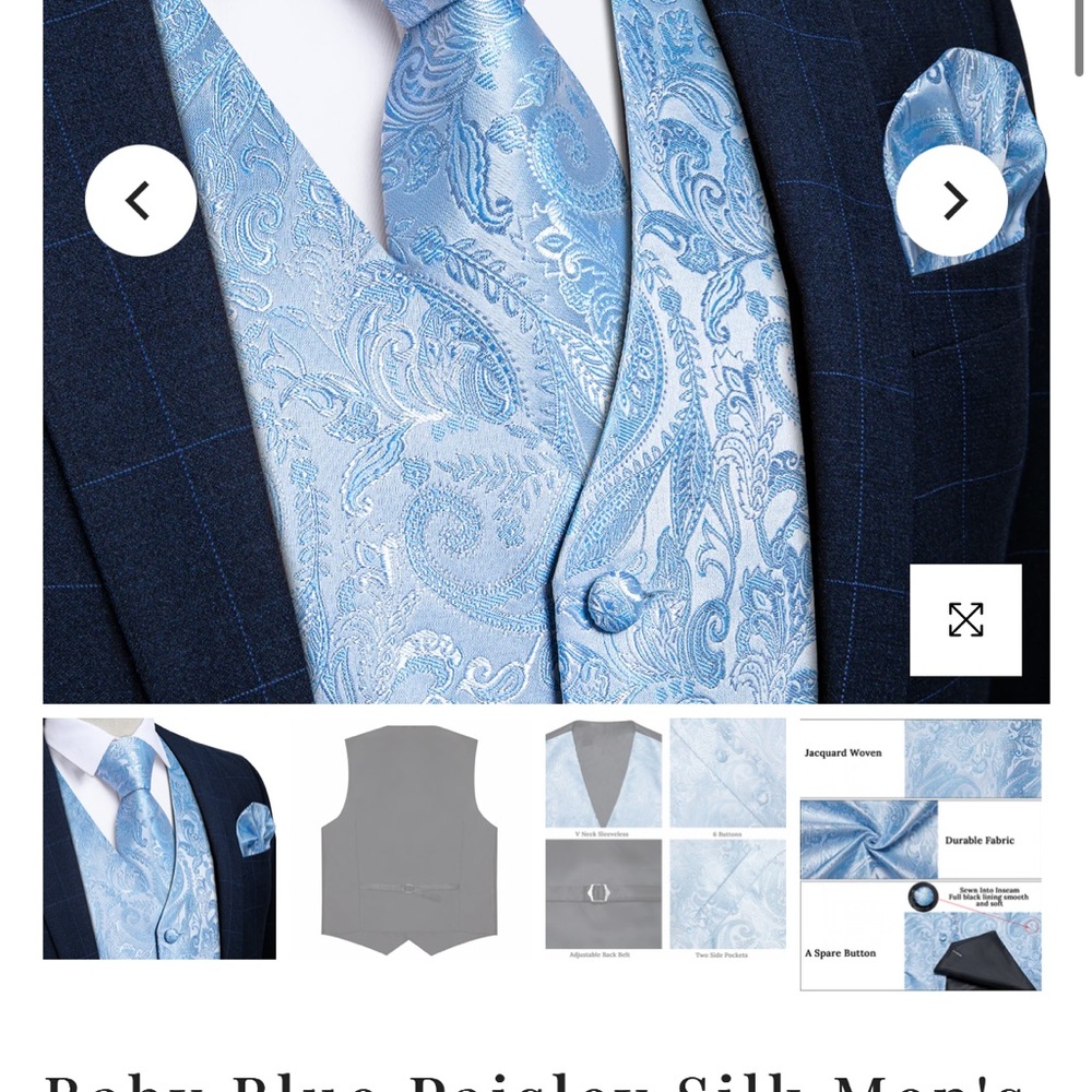 Baby blue Paisley Silk Men’s Vest Hanky Tie Set